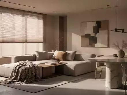 Modern eingerichtetes Wohnzimmer mit minimalistischer Ästhetik, hochwertigen Textilien und modularen Möbeln. - Foto: über boerse-global.de