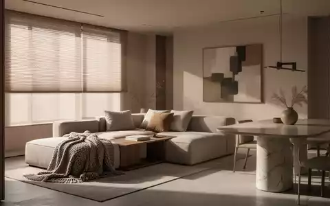 Modern eingerichtetes Wohnzimmer mit minimalistischer Ästhetik, hochwertigen Textilien und modularen Möbeln. - Foto: über boerse-global.de