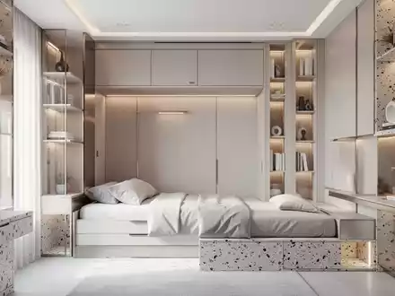 Modern eingerichtetes kleines Studio-Apartment mit maßgefertigten Einbaumöbeln, hellem Licht und funktionalem Design. - Foto: über boerse-global.de