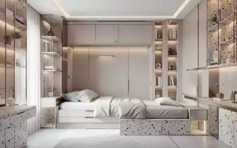 Modern eingerichtetes kleines Studio-Apartment mit maßgefertigten Einbaumöbeln, hellem Licht und funktionalem Design. - Foto: über boerse-global.de