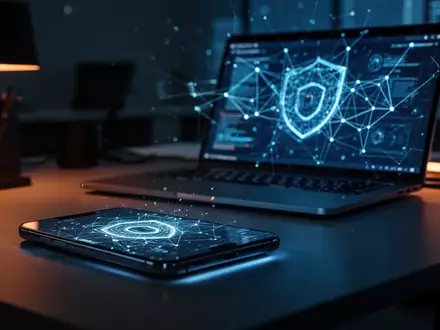 Ein Smartphone und ein Laptop mit abstrakten Netzwerkverbindungen symbolisieren Cyberangriffe und IT-Sicherheit. - Foto: über boerse-global.de