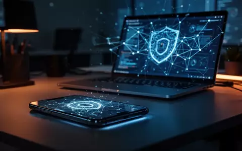 Ein Smartphone und ein Laptop mit abstrakten Netzwerkverbindungen symbolisieren Cyberangriffe und IT-Sicherheit. - Foto: über boerse-global.de