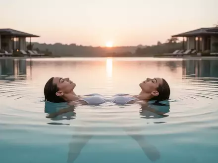 Eine Person entspannt beim Floating auf einer ruhigen Wasseroberfläche bei Sonnenaufgang. - Foto: über boerse-global.de