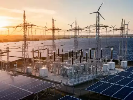 Moderne Energieinfrastruktur mit Windkraftanlagen und Solarpark im Sonnenlicht. - Foto: über boerse-global.de