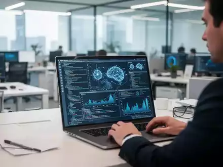 Eine Person arbeitet an einem Laptop mit komplexen Datenvisualisierungen und KI-Programmiercode in einem modernen Büro. - Foto: über boerse-global.de
