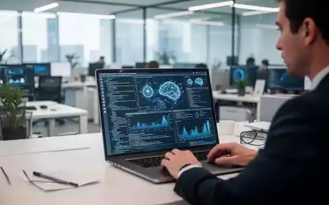 Eine Person arbeitet an einem Laptop mit komplexen Datenvisualisierungen und KI-Programmiercode in einem modernen Büro. - Foto: über boerse-global.de