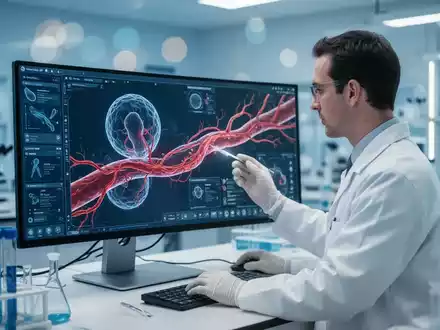 Wissenschaftler bei der Untersuchung eines digitalen Modells von Blutgefäßen in einem modernen Forschungslabor. - Foto: über boerse-global.de