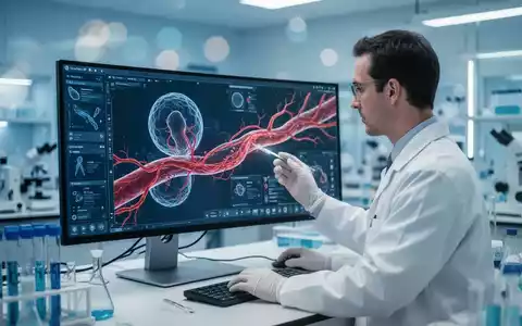 Wissenschaftler bei der Untersuchung eines digitalen Modells von Blutgefäßen in einem modernen Forschungslabor. - Foto: über boerse-global.de