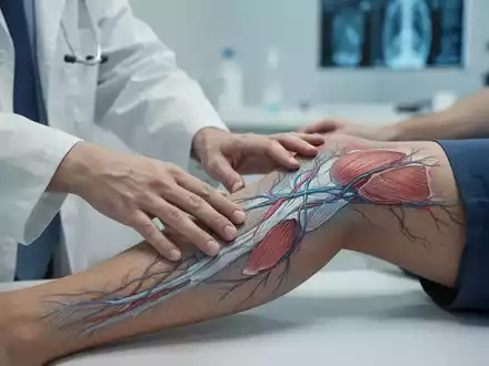Medizinische Untersuchung eines geschwollenen Beins in einer Klinik zur Darstellung von Lymphdrainage und Gefäßgesundheit. - Foto: über boerse-global.de