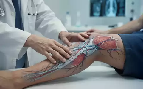 Medizinische Untersuchung eines geschwollenen Beins in einer Klinik zur Darstellung von Lymphdrainage und Gefäßgesundheit. - Foto: über boerse-global.de