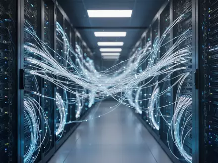 Hightech-Serverraum mit leuchtenden Glasfaserkabeln, die künstliche Intelligenz und digitale Infrastruktur darstellen. - Foto: über boerse-global.de