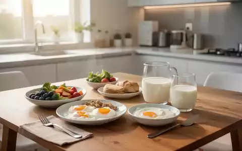 Ein gesundes, proteinreiches Frühstück auf einem Holztisch in einer modernen, hell erleuchteten Küche. - Foto: über boerse-global.de