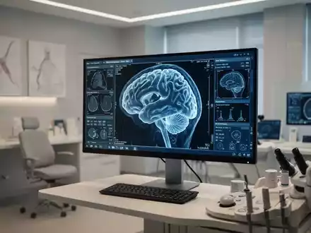 Ein moderner medizinischer Monitor zeigt eine 3D-Aufnahme eines menschlichen Gehirns in einer klinischen Umgebung. - Foto: über boerse-global.de