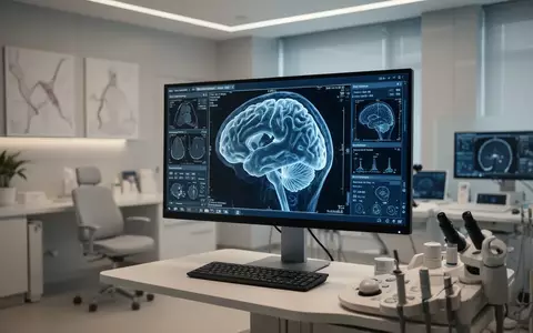 Ein moderner medizinischer Monitor zeigt eine 3D-Aufnahme eines menschlichen Gehirns in einer klinischen Umgebung. - Foto: über boerse-global.de