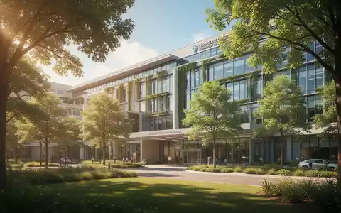 Modernes Krankenhausgebäude an einem sonnigen Sommertag mit schattenspendender Begrünung zur Klimaanpassung. - Foto: über boerse-global.de
