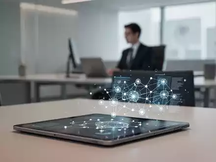 Modernes Bürointerieur mit einem Tablet, das Datenvisualisierung zeigt, symbolisiert KI in deutschen Verwaltungsverfahren. - Foto: über boerse-global.de