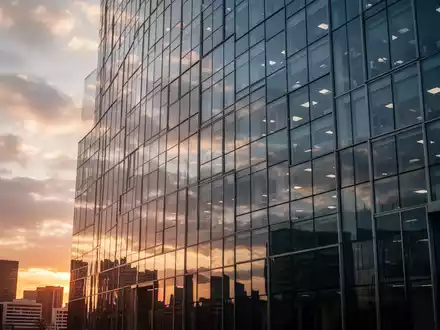 Moderne Glasfassade eines Bürogebäudes bei Sonnenuntergang als Symbol für Immobilienwirtschaft - Foto: über boerse-global.de