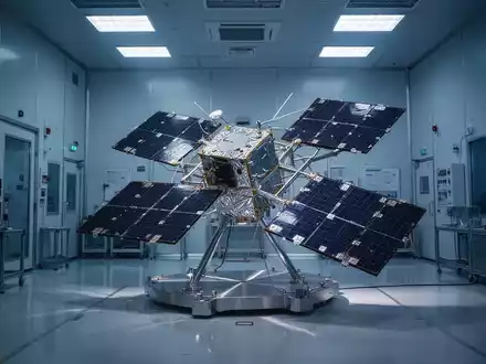 Ein Satellitenmodell in einem modernen Reinraum für Raumfahrttechnologie. - Foto: über boerse-global.de