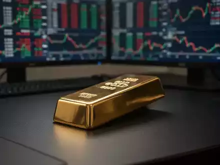 Ein einzelner Goldbarren auf einem dunklen Schreibtisch vor einem unscharfen Monitor mit Finanzcharts. - Foto: über boerse-global.de