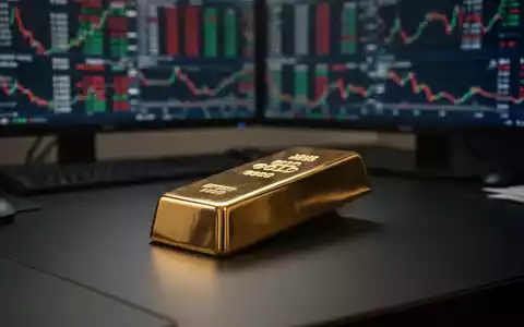 Ein einzelner Goldbarren auf einem dunklen Schreibtisch vor einem unscharfen Monitor mit Finanzcharts. - Foto: über boerse-global.de