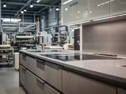 Moderne Küchenmöbel in einer Ausstellungshalle vor dem Hintergrund einer Produktionsstätte. - Foto: über boerse-global.de