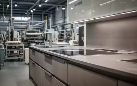 Moderne Küchenmöbel in einer Ausstellungshalle vor dem Hintergrund einer Produktionsstätte. - Foto: über boerse-global.de