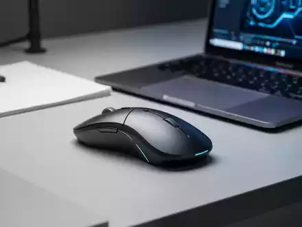 Eine ergonomische, kabellose Computermaus auf einem modernen Schreibtisch neben einem Laptop. - Foto: über boerse-global.de