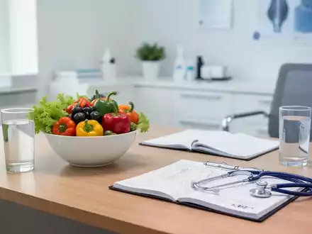Frisches Gemüse und ein Stethoskop auf einem Schreibtisch als Symbol für eine ernährungsbasierte medizinische Therapie. - Foto: über boerse-global.de