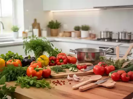 Frische regionale Lebensmittel und Kochutensilien auf einem Holztisch in einer hellen, modernen Küche. - Foto: über boerse-global.de