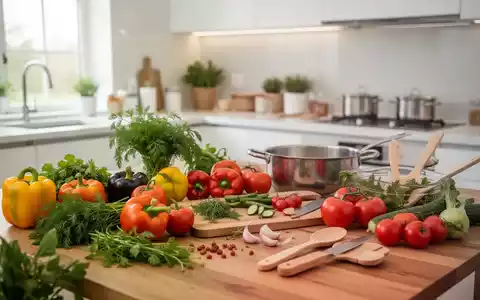 Frische regionale Lebensmittel und Kochutensilien auf einem Holztisch in einer hellen, modernen Küche. - Foto: über boerse-global.de