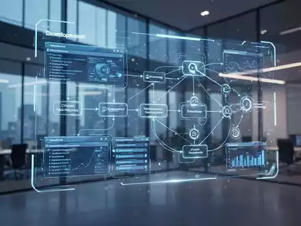 Eine leuchtende holografische Oberfläche zeigt Softwareentwicklungs-Workflows und Datenintegrationsknoten in einem modernen Büro. - Foto: über boerse-global.de