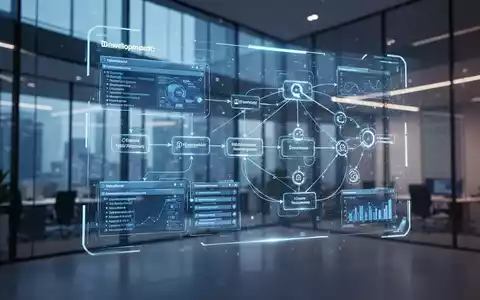 Eine leuchtende holografische Oberfläche zeigt Softwareentwicklungs-Workflows und Datenintegrationsknoten in einem modernen Büro. - Foto: über boerse-global.de