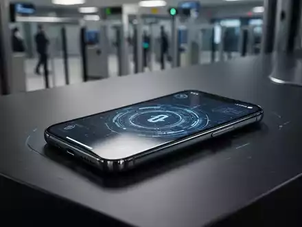 Ein Smartphone liegt auf einer dunklen Oberfläche vor einem verschwommenen Hintergrund einer Grenzkontrollstelle. - Foto: über boerse-global.de