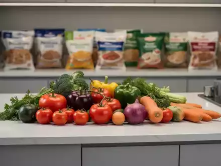 Frisches Gemüse auf einer Küchentheke mit unscharfen verpackten Lebensmitteln im Hintergrund. - Foto: über boerse-global.de