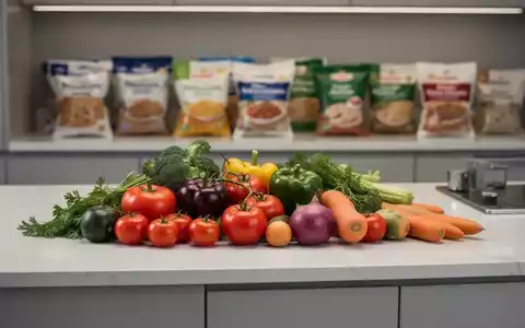 Frisches Gemüse auf einer Küchentheke mit unscharfen verpackten Lebensmitteln im Hintergrund. - Foto: über boerse-global.de