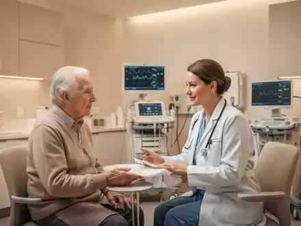 Eine medizinische Fachkraft im Gespräch mit einem älteren Patienten in einer hellen, modernen Klinik. - Foto: über boerse-global.de