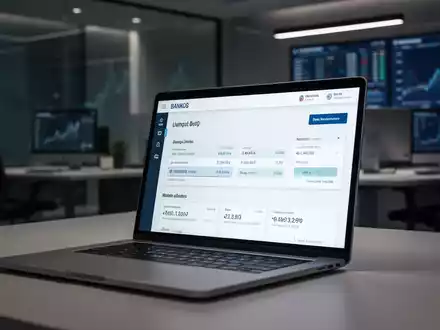 Modernes Laptop mit Bankenoberfläche in professionellem Büro. - Foto: über boerse-global.de