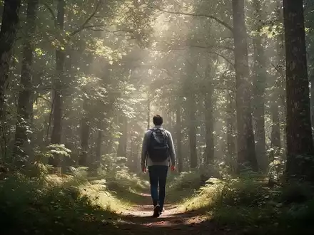 Eine Person spaziert durch einen sonnendurchfluteten Wald, um die psychologischen Effekte der Natur zu verdeutlichen. - Foto: über boerse-global.de