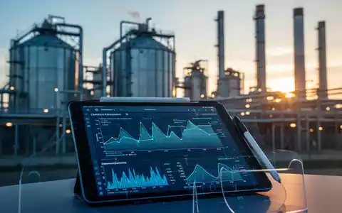 Modernes Industrieareal bei Sonnenaufgang mit einem Tablet, das Emissionsdaten für die CO2-Bilanzierung anzeigt. - Foto: über boerse-global.de