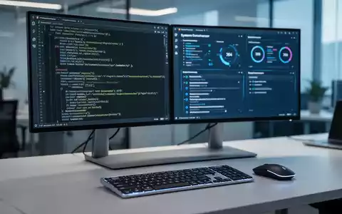 Moderner Computerarbeitsplatz mit zwei Monitoren, die Softwareentwicklungscode und Systemverwaltungstools anzeigen. - Foto: über boerse-global.de