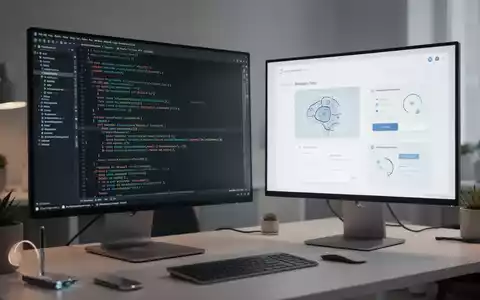 Ein moderner Arbeitsplatz mit einem Monitor, der Softwarecode und Benutzeroberflächen-Designs für KI-Anwendungen zeigt. - Foto: über boerse-global.de