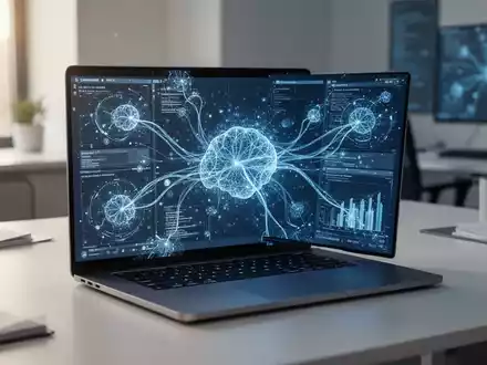 Moderner Arbeitsplatz mit einem Laptop, auf dessen Bildschirm abstrakte Datenströme und neuronale Netzwerke visualisiert werden. - Foto: über boerse-global.de