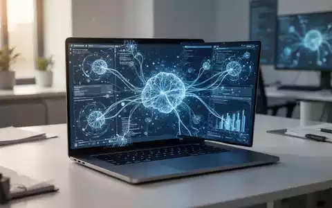 Moderner Arbeitsplatz mit einem Laptop, auf dessen Bildschirm abstrakte Datenströme und neuronale Netzwerke visualisiert werden. - Foto: über boerse-global.de