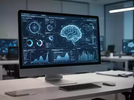 Ein moderner Arbeitsplatz mit einem Desktop-Monitor, der komplexe KI-Schnittstellen und Datenvisualisierungen anzeigt. - Foto: über boerse-global.de