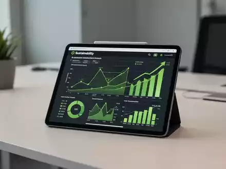 Ein Tablet auf einem Schreibtisch zeigt ESG-Datenanalysen und Nachhaltigkeitsdiagramme in einem modernen Büroumfeld. - Foto: über boerse-global.de