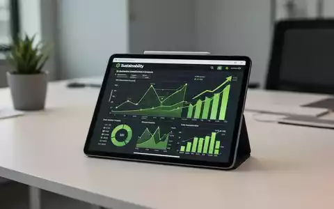 Ein Tablet auf einem Schreibtisch zeigt ESG-Datenanalysen und Nachhaltigkeitsdiagramme in einem modernen Büroumfeld. - Foto: über boerse-global.de