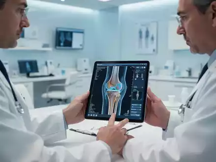 Ein Orthopäde betrachtet eine digitale 3D-Aufnahme eines Kniegelenks auf einem Tablet in einer modernen Arztpraxis. - Foto: über boerse-global.de