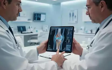 Ein Orthopäde betrachtet eine digitale 3D-Aufnahme eines Kniegelenks auf einem Tablet in einer modernen Arztpraxis. - Foto: über boerse-global.de