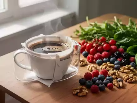 Eine Tasse schwarzer Filterkaffee neben frischen Lebensmitteln wie Beeren und Nüssen auf einem Holztisch. - Foto: über boerse-global.de