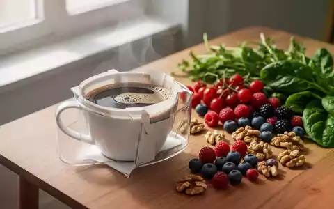 Eine Tasse schwarzer Filterkaffee neben frischen Lebensmitteln wie Beeren und Nüssen auf einem Holztisch. - Foto: über boerse-global.de
